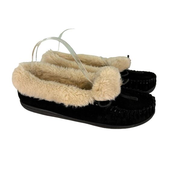 Minnetonka Slipper Womens 8 Leather Faux Fur Lining Moccasin Cabin Bootie Black - Picture 1 of 11